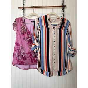 White House Black Market LOT OF 2 Tops- Pink Floral & Striped Blouse BUNDLE M